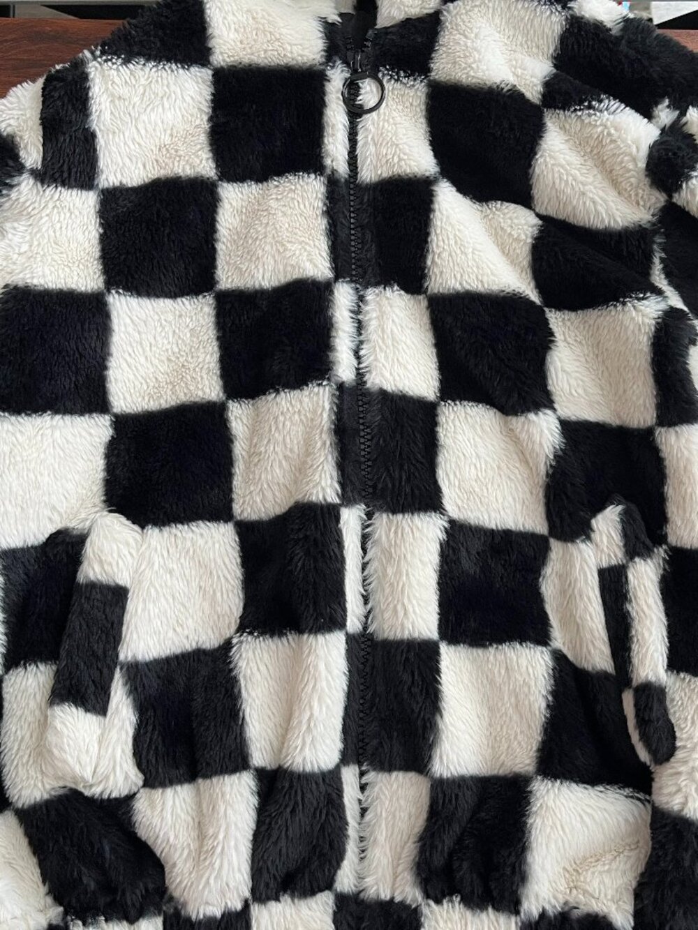 H&M Fuzzy Checkerboard Vans Style Jacket Coat XS Black and White - Picture 3 of 7